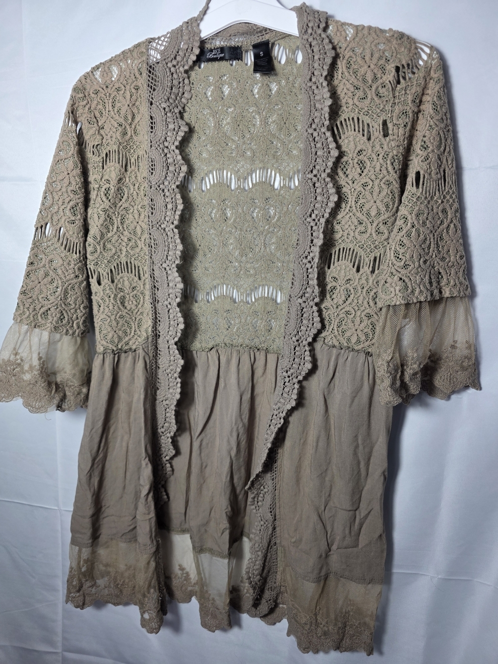 BKE Boutique Crochet Lace Open-Front Cardigan in Olive Taupe Small Boho Cottage
